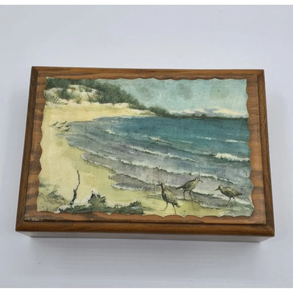 Vintage Mid‎ Century Ocean Beach Wooden Trinket Jewelry Box Seagulls Divided